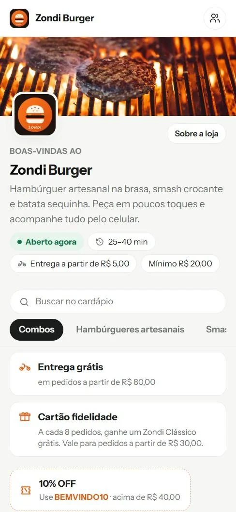 Topo do cardápio da loja fictícia Zondi Burger, com capa, logo, horário, taxa de entrega e vantagens