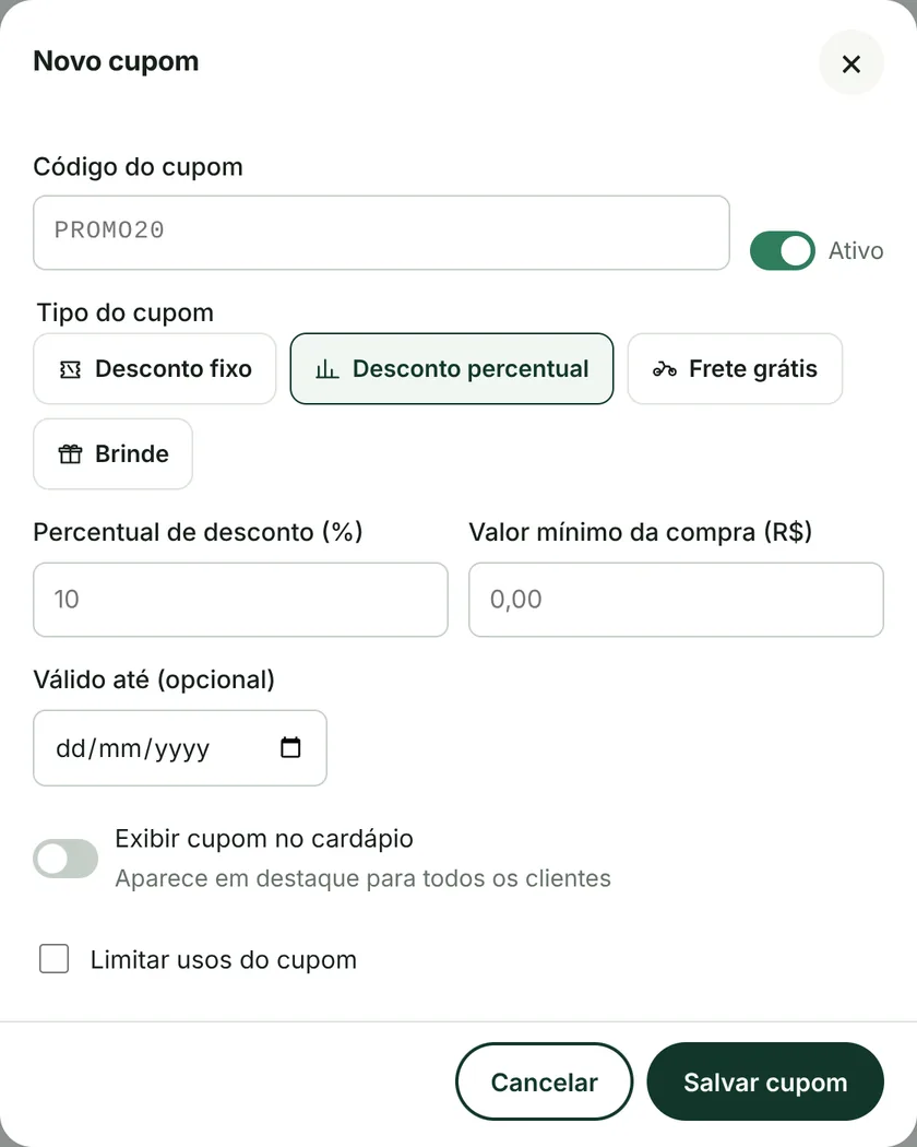 Formulário de novo cupom com tipos de desconto, valor mínimo e validade