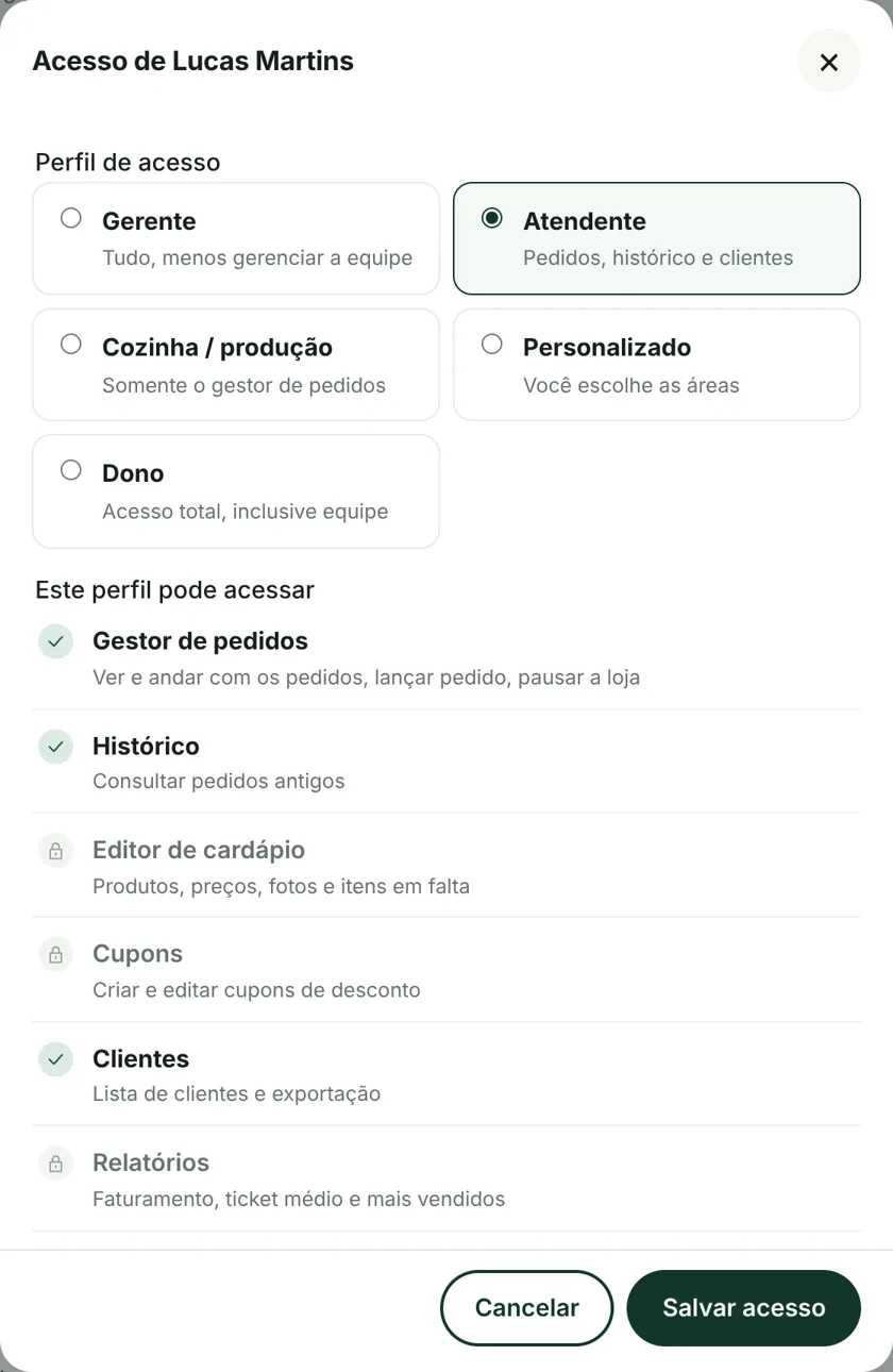 Tela de acesso de uma pessoa da equipe com perfis e áreas liberadas