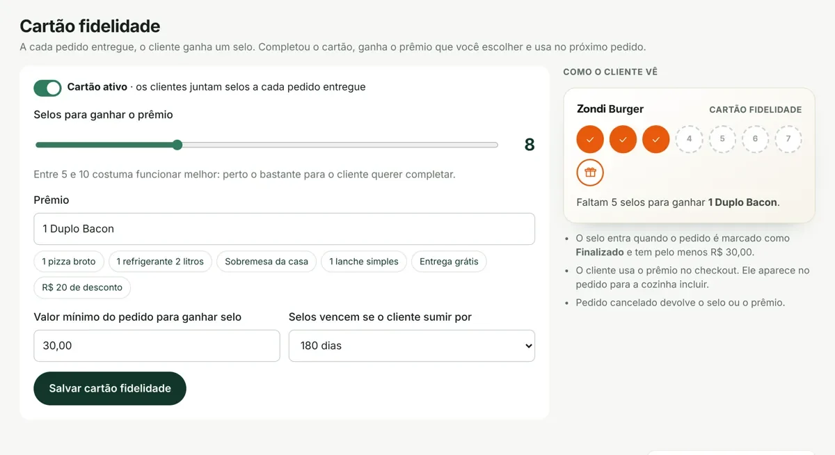 Configuração do cartão fidelidade com meta de selos, prêmio e prévia do cartão do cliente