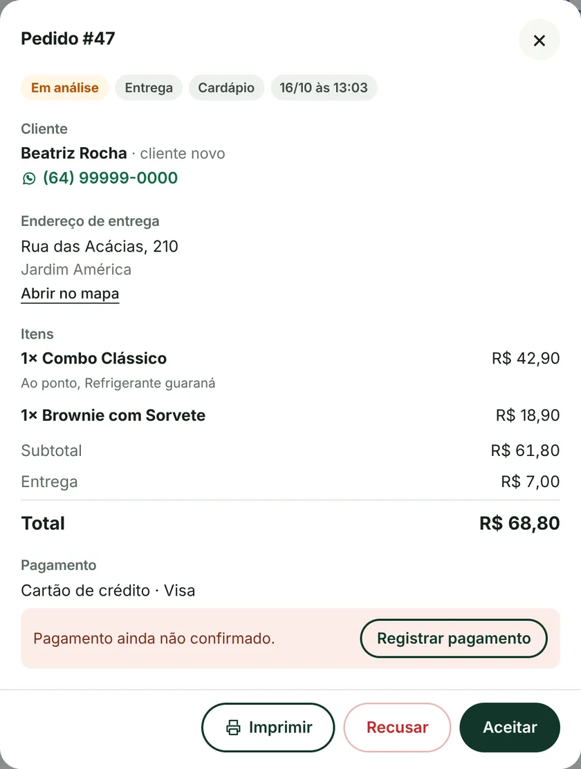 Detalhe do pedido 47 com itens, endereço de entrega, total, pagamento e botões Imprimir, Recusar e Aceitar